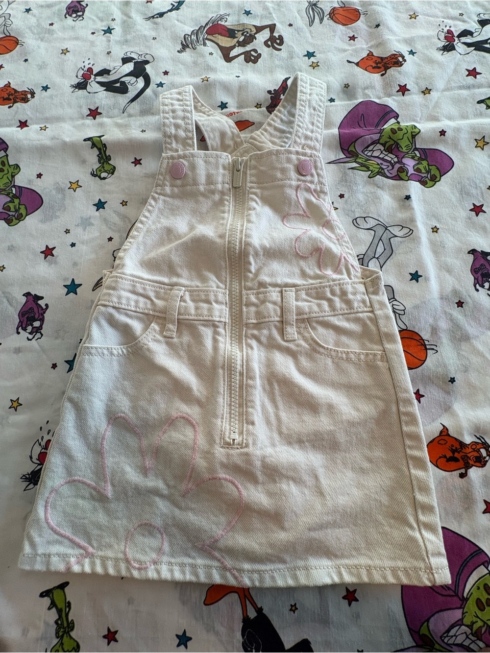 Old Navy White Denim Pinafore Dress with Pink Accents
